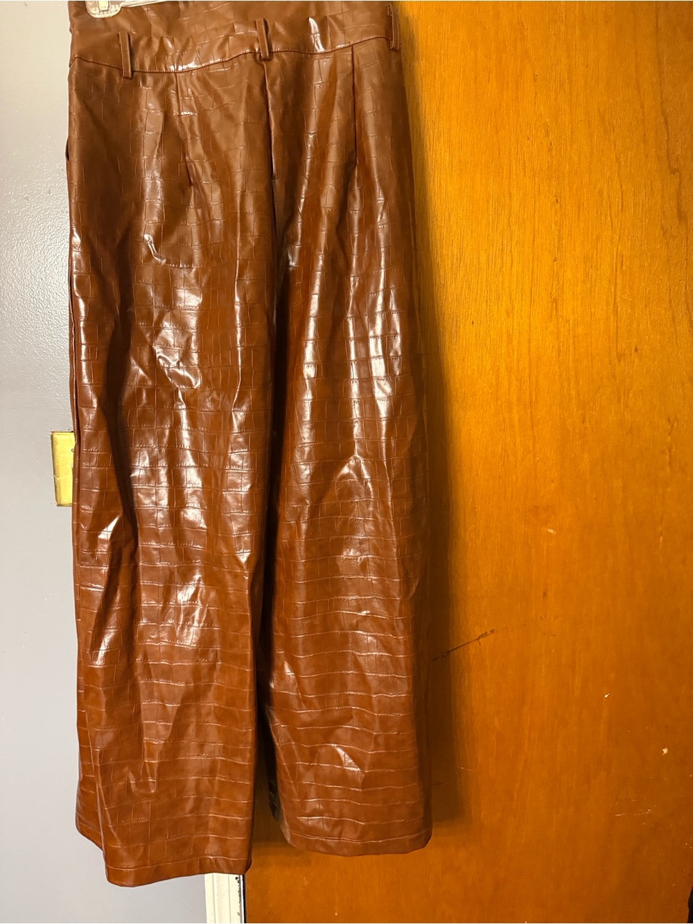 STYLEWE Brown Croc-Embossed Wide-Leg Faux Leather Pants
